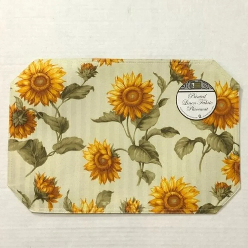 Sunflower Reversible Printed Linen Fabric Placemats Set of 4 Neutral Yellow